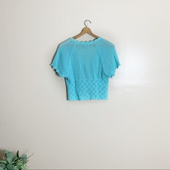 [Dress Barn] Blue Knit Short Sleeve V-neck Semi Cropped Cottagecore Sweater - Picture 7 of 9